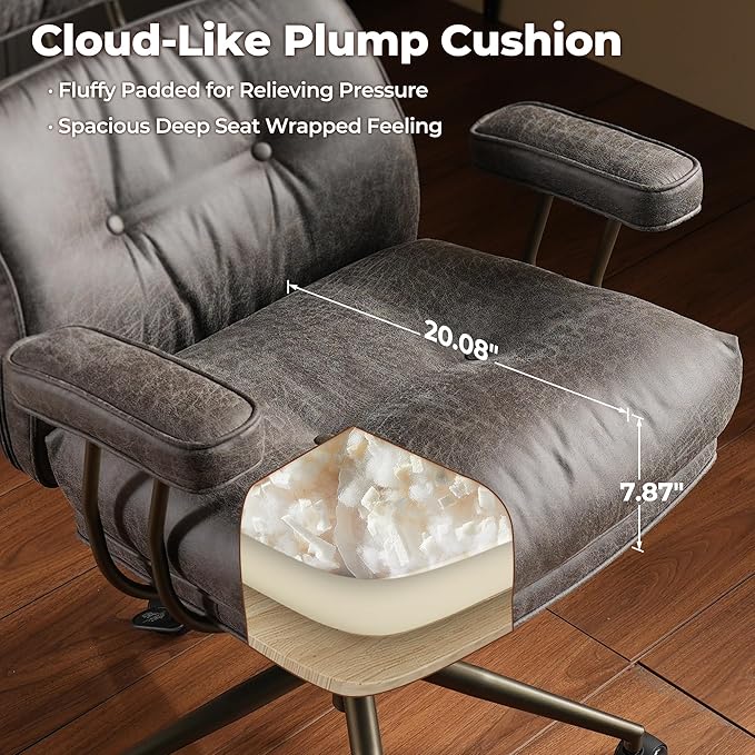 ovios Home Office Chair, Mid-Century Modern Faux PU Leather Chairs with Lumbar Support Comfy Thick Cushion, High Back Ergonomic Swivel Rolling Executive Armchair (Dark Grey, Suede Leather)