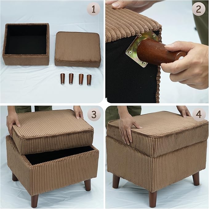 Storage Ottoman with Adjustable Lid, Soft Step Stool, Footrest and Seat, Ottoman Foot Rest for Living Room, Bedroom, Dorm, Brown