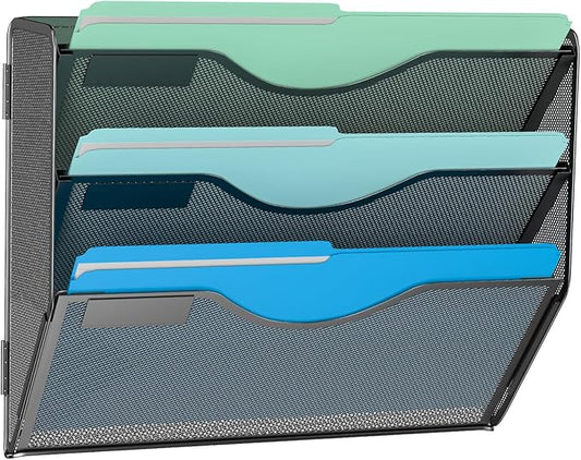 3 Tier Hanging Wall File Organizer, Mesh Mail Paper Orgnization Hanging File Folder Holder for Home Office, Black