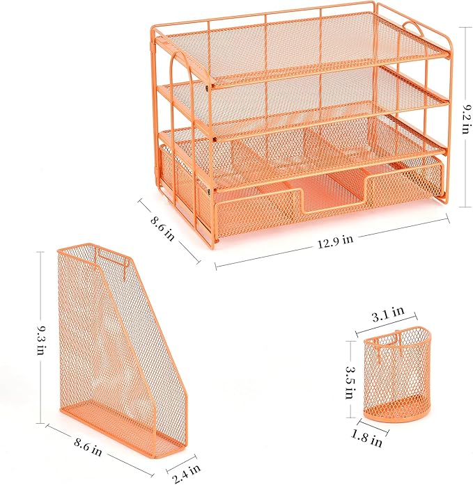 gianotter Paper Letter Tray Organizer with File Holder, 4-Tier Desk Accessories & Workspace Desk Organizers with Drawer and 2 Pen Holder for Office Supplies (Orange)
