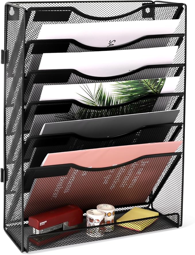 EasyPAG 7 Tier Wall File Holder with Flat Tray, Black | Easy Assemble Mesh Desk File Organizer | 6-Folder Paper Storage | Replaceable Classify Labels | Space Saving Mail Organizer for Office Home