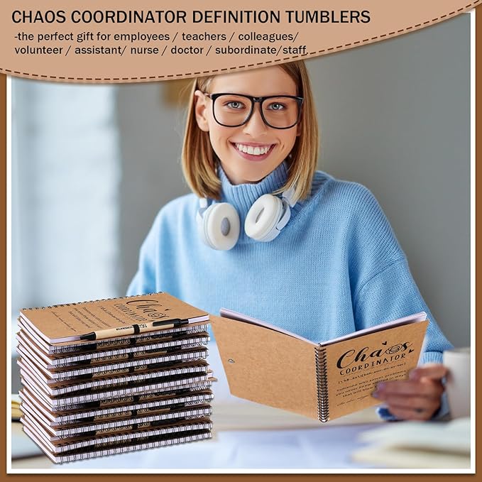 Nezyo 10 Sets Chaos Coordinator Gifts Employee Appreciation Week Notebook with Ballpoint Pen Spiral Notebook Teacher Appreciation Gifts Bulk for Women Men Journals Thank You Cowerker (Brown)