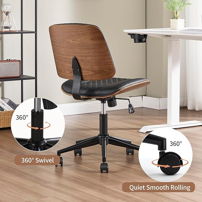Small Home Office Chair - Armless Mid Back Desk Chair with 360° Swivel and Wheels, PU Upholstered Height Adjustable Modern Walnut Computer Chair for Home, Office Meeting Room - Black