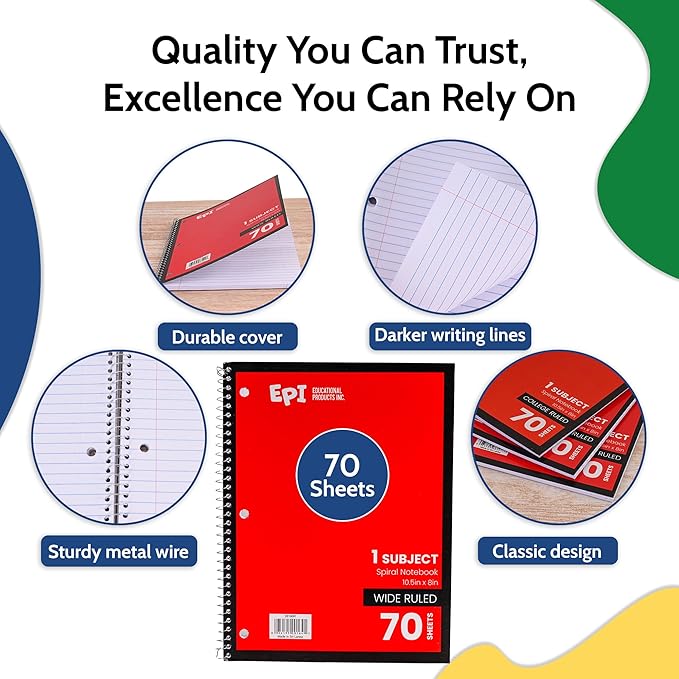 EPI Spiral Notebook | Wide - 70 Sheets, Durable Spiral Binding | 10.5 x 8 in | Classroom Supplies | School, Office, Note Taking, Journaling - 6 Pack