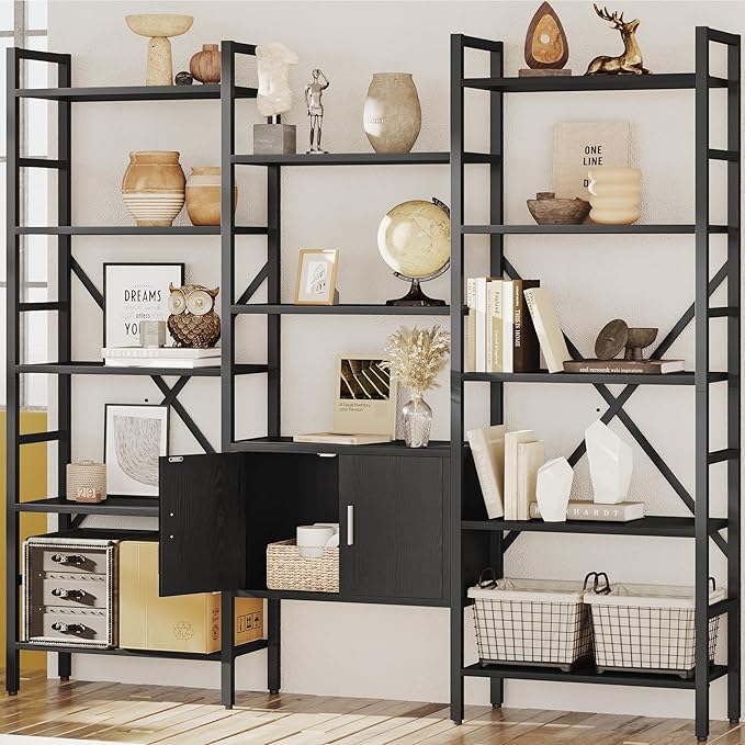 70 x70 Triple 5 Tier Book Shelf, Industrial Large Bookcase with Storage Cabinet, Tall Bookshelf with 14 Open Display Shelves Metal Frame Furniture for Living Room Bedroom Home Office Black