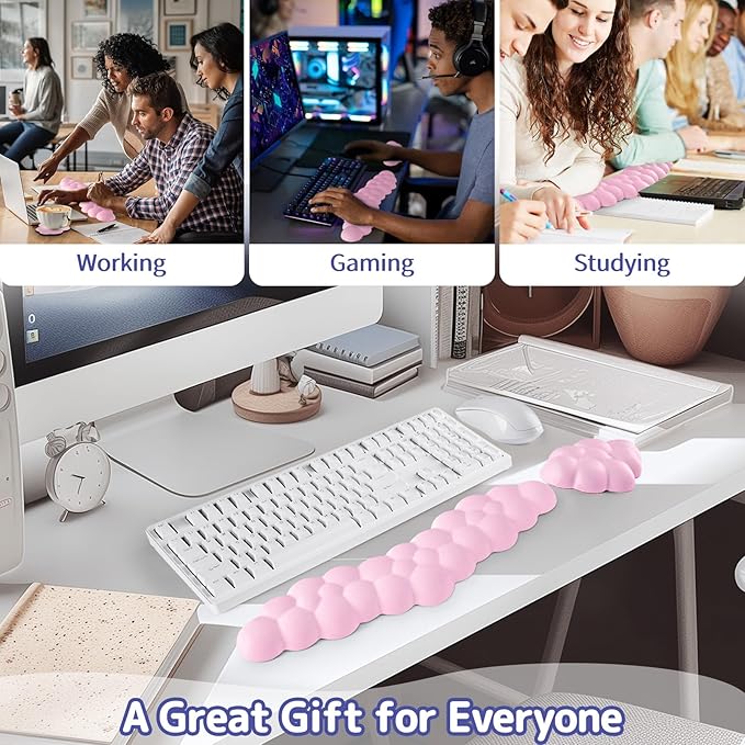 Cloud Wrist Rest Keyboard, Cloud Palm Rest Set with PU Leather Memory Foam, Cute Keyboard Rest for Wrist Support and Arm Rest, Desk Cloud Wrist Pad for PC/Gaming/Hand Cushion/Computer-Pink
