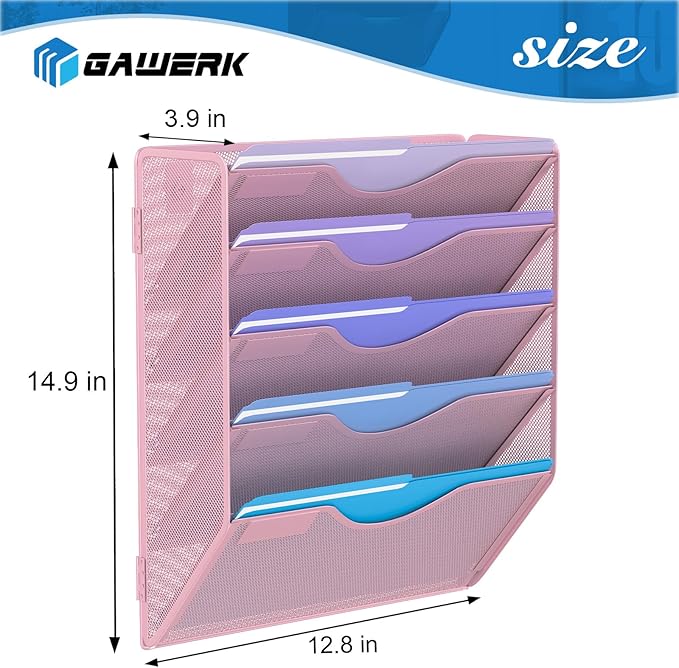 5 Tier Hanging Wall File Organizer, Mesh Mail Paper Orgnization Hanging File Folder Holder for Home Office, Pink