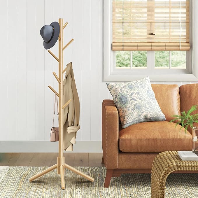 Wooden Coat Rack, Free Standing Coat Rack with 8 Hooks 3 Adjustable Heights for Clothes, Hats, Handbags, Coat Tree Easy Assembly for Entryway, Bedroom, Hallway, Office (New Nature)