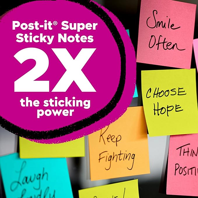 Post-it Super Sticky Notes, 3x3 in, 6 Pads, 2X The Sticking Power, Energy Boost Collection, Bright Colors (Orange, Pink, Blue, Green),Recyclable (654-6SSAU)