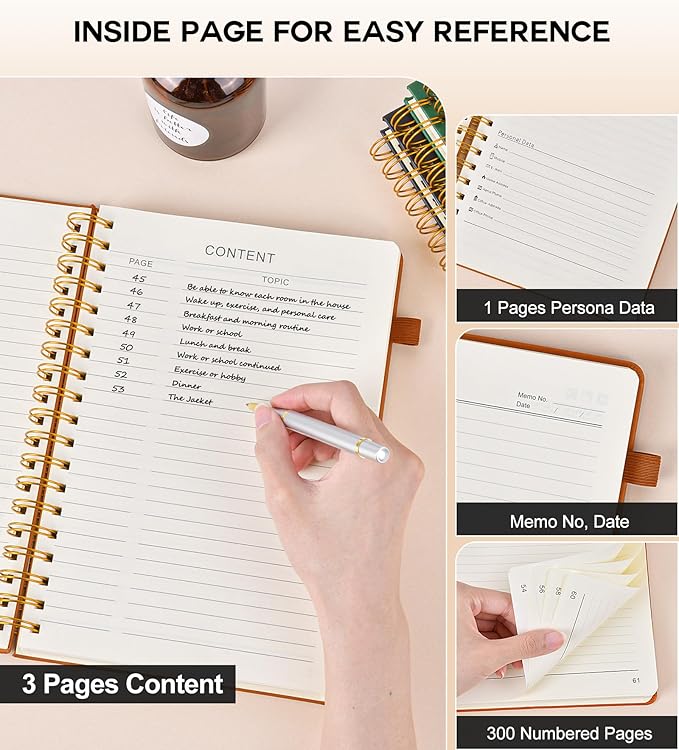 Large Spiral Notebook Journal for Women Men - 300 Numbered Lined Pages, College Ruled, A4 Hardcover Spiral Bound Notebook for School, Work, Note Taking, Writing, Leather Spiral Journal 8.5"x11"