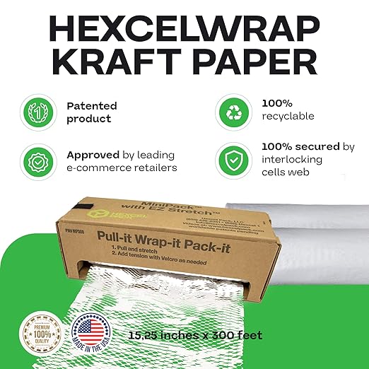 IDL Packaging 15.25" x 300' Refill Roll (Pack of 4) for MP-300W HexcelWrap Honeycomb Packing Paper Station, White - Natural Kraft Paper with Interlocking Slit Design for Shipping and Moving