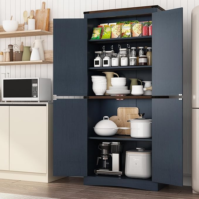 71in Farmhouse Kitchen Pantry Cabinet,Tall Storage Cabinet with 4 Doors and Adjustable shelves,with Load-Bearing Steel Pipe,Wood Storage Cabinets for Kitchen,Dining Room,Bathroom(Rustic Blue)
