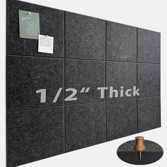 Large Cork Board for Office Wall Decor,48"x36"-12 Pack Felt Wall Tiles with Safe Removable Adhesive Tabs, 1/2" Thick, Felt Bulletin Board Pin Board Cork Boards for Walls - Dark Grey