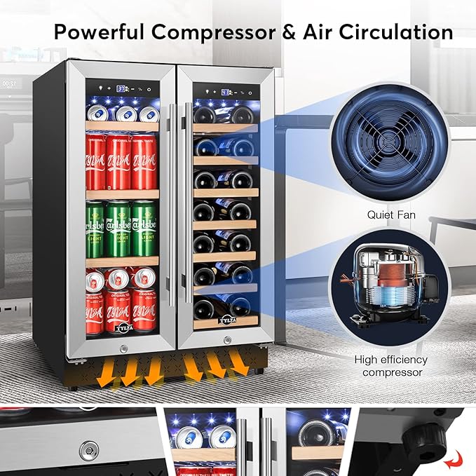 Tylza Upgraded Wine and Beverage Refrigerator 24 Inch, Dual Zone Wine Beverage Cooler with French Door, Under Counter Wine Beer Fridge Built-In or Freestanding, Holds 20 Bottles and 88 Cans TYBC120-3