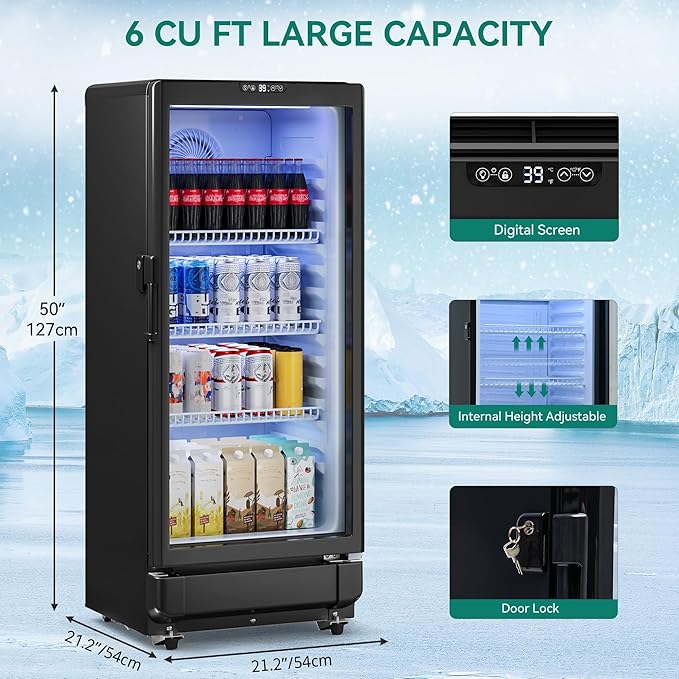 YITAHOME 6 CU.FT. Commercial Beverage Display Refrigerator with Single One Glass Door, Drink Beer Fridge Cooler for Office Garage Bar Gym with Locking, Led & 2 Keys