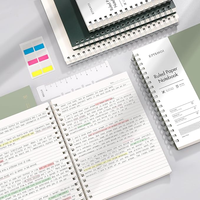 EMSHOI Lined Spiral Journal Notebook, A5 College Ruled Notebook, 300 Pages/150 Sheets, 100gsm Acid-Free Paper, Waterproof Softcover Notebook for School, Work, Note Taking, 5.7" × 8.22" - Dark Green