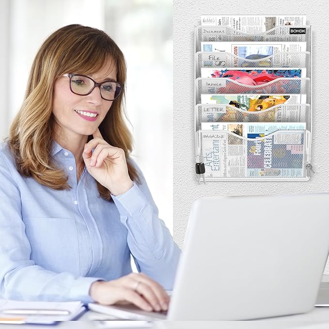 Wall File Organizer, 5 Tire Hanging File Folder Organizer, Vertical Mesh Metal Door/Wall Mount Hanging File Holder, Paper Document Magazine Rack with Hooks for Home Office White