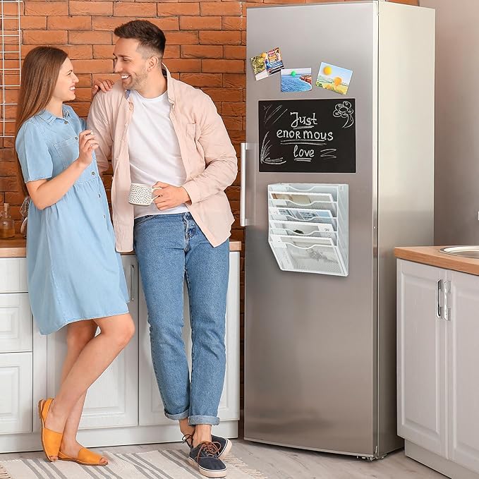 EASEPRES Magnetic 5 Pocket Mesh Hanging File Organizer, Wall Mounted Mail Paper Document Folder Holder, Clipboard Storage Organization Magazine Rack with Nametag Label for Office Home School, White