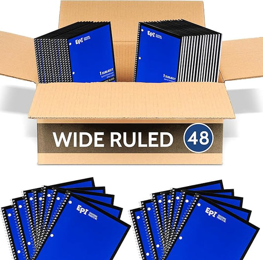 EPI Spiral Notebook | Wide - 70 Sheets, Durable Spiral Binding | 10.5 x 8 in | Classroom Supplies | School, Office, Note Taking, Journaling - 48 Pack