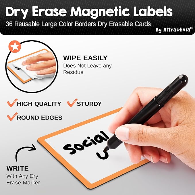 Dry Erase Magnetic Labels 5.6 x 3.7 in, Color Borders, Large Dry Erase Magnets, 36-Pack, Erasable Write-On All-Purpose Labels, for Office, Kanban Boards, Education, Home, Whiteboard