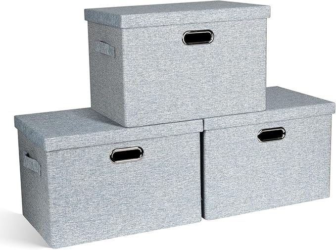Large 17" 36 Quart Collapsible Stackable Storage Bins with Lids, 3 Packs Blue-Grey Linen Fabric Closet Boxes with Lids, Storage Cube Baskets Container Organizers for Bedroom (17x12x11)