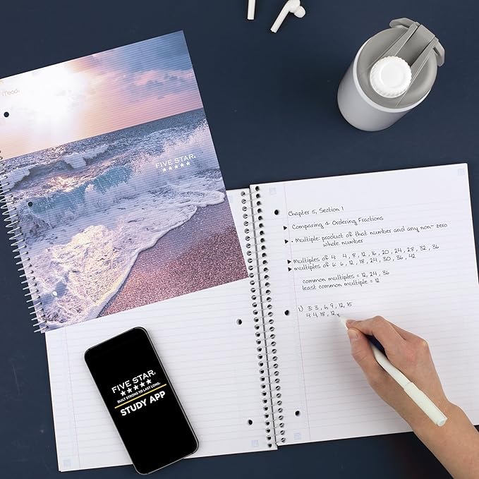 Five Star Spiral Notebook + Study App, 1 Subject, College Ruled, 8-1/2" x 11", 80 Sheets, Fights Ink Bleed, Water Resistant Cover, Ocean Tide (820443F-ECM)