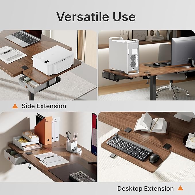 Desk Extender Tray, 24" x 12" Clamp On Desk Shelf, Desk Extension with Storage Drawer, Table Desk Arm Rest, Clamp On Keyboard Tray for Office and Home, Workstation Organizer, Medium, Walnut