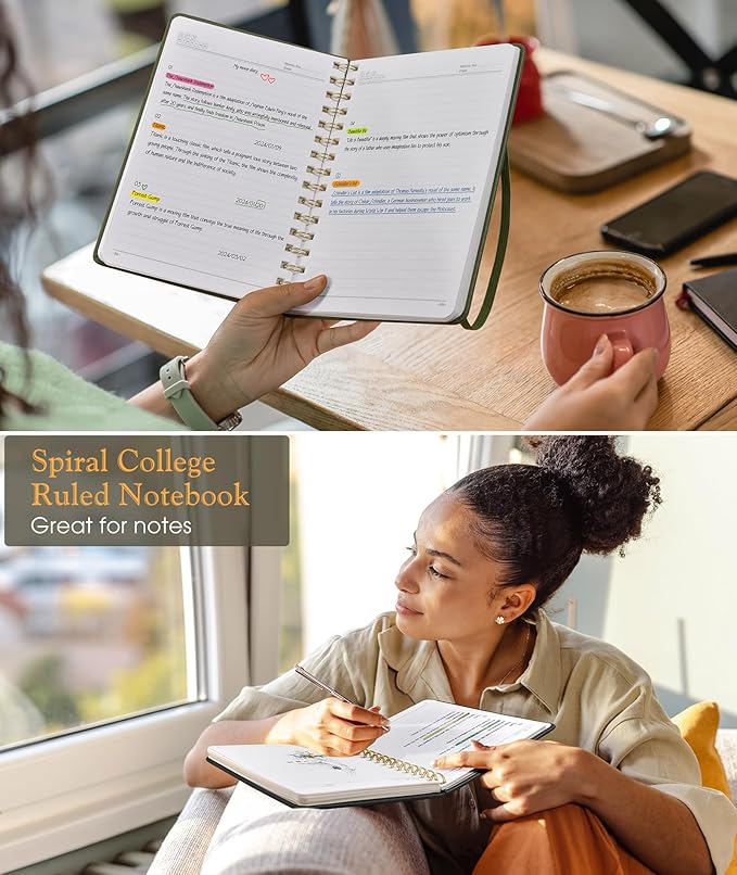 Lined Spiral Journal Notebook, A5 Hardcover Spiral Journals for Women Men, 150 Numbered Pages Spiral Bound Notebook, 100 GSM College Ruled Notebooks for Work, Note Taking 5.75" x 8.38", Olive Green