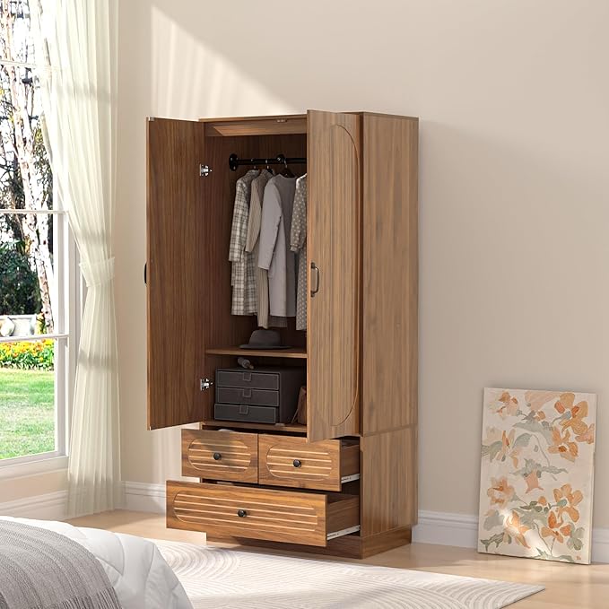 Armoire Wardrobe Closet with Doors, Wardrobe Cabinet with 3 Drawers, Wooden Large Clothing Storage Cabinet with Hanging Rod and Shelf, Mid-Century Modern Tall Closet for Bedroom, Walnut