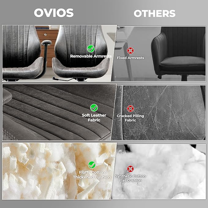 ovios Ergonomic Home Office Chair, Mid-Century Modern Faux Leather Chairs with Padded Armrests, Comfy High Back Swivel Rolling Executive Computer Armchair (Dark Grey, Suede Leather)