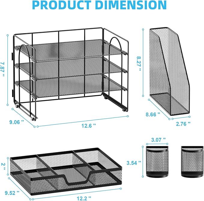 Marbrasse Desk Organizer and Accessories，4-Tier Paper Letter Tray Organizer with File Holder, Desk Accessories & Workspace Organizers with Drawer and 2 Pen Holder (Black, 15.4" x 9.1" x 8.3")