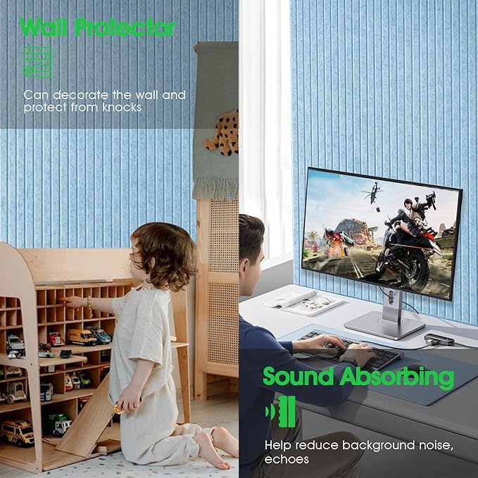 Large Cork Board for Office, 8 Pack Felt Wall Tiles with Slat Wall Paneling, Felt Bulletin Board Pin Board Cork Boards for Walls - Light Blue