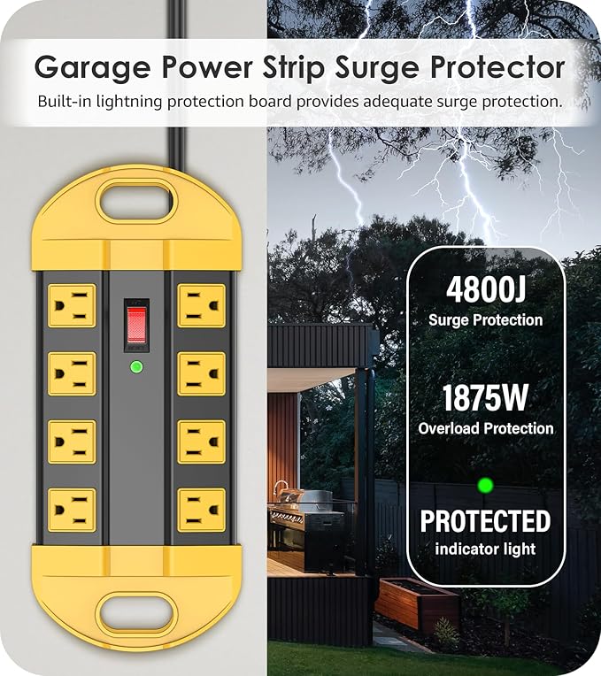 CCCEI Heavy Duty Power Strip Surge Protector, Metal 8 Outlets Power Strip for Appliance. Garage Shop Industrial Workbench 15 AMP Outlets Strip. 15FT Extension Cord, Yellow