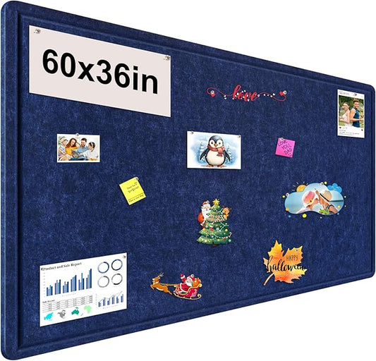 Large Bulletin Board, Foldable 60x36 Inches Cork Board Alternative, Large Felt Board Decorative Pin Board for Wall, Foldable Photo Board Self-Adhesive Vision Board with 36 Pushpins Dark Blue