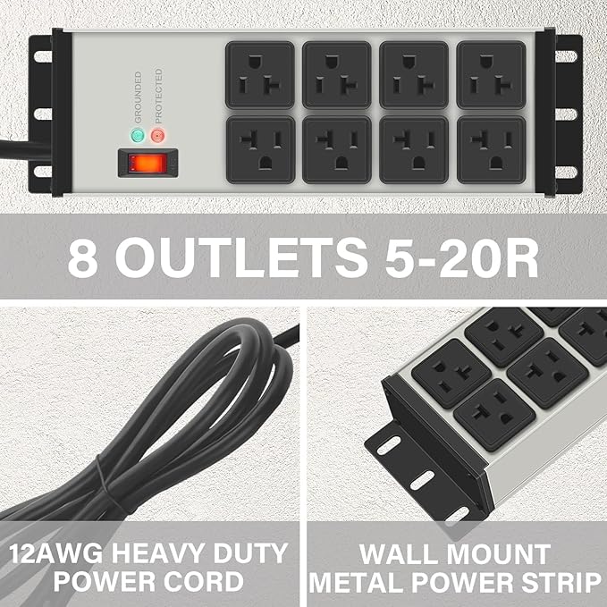 CCCEI Grey Heavy Duty Power Strip Surge Protector 20 AMP, 8 Outlets 12 Gauge Industrial Shop Garage Metal Multiple Outlets, 4 FT Extension Cord 5-15P Adapter High Amp 6-20R T-Slot 20a for Appliance