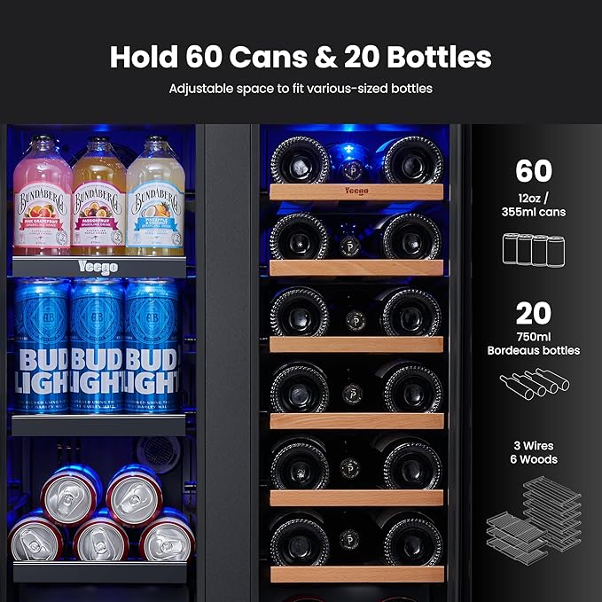 Yeego Wine & Beverage Refrigerator, 24 Inch 60 Cans and 20 Bottles Dual Zone Wine Cooler with Glass Door, 36-72°F Drink Cooler for Built-in or Freestanding, For Kitchen,Bar or Office