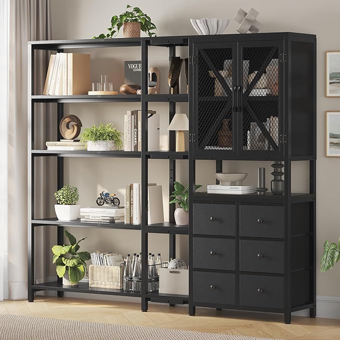 Corner Bookshelf, 5 Tier Industrial Convertible Bookshelf with 6 Fabric Drawers, Corner Bookcase Large L Shaped Storage Display Shelf for Home Office, Living Room, Kitchen, Black