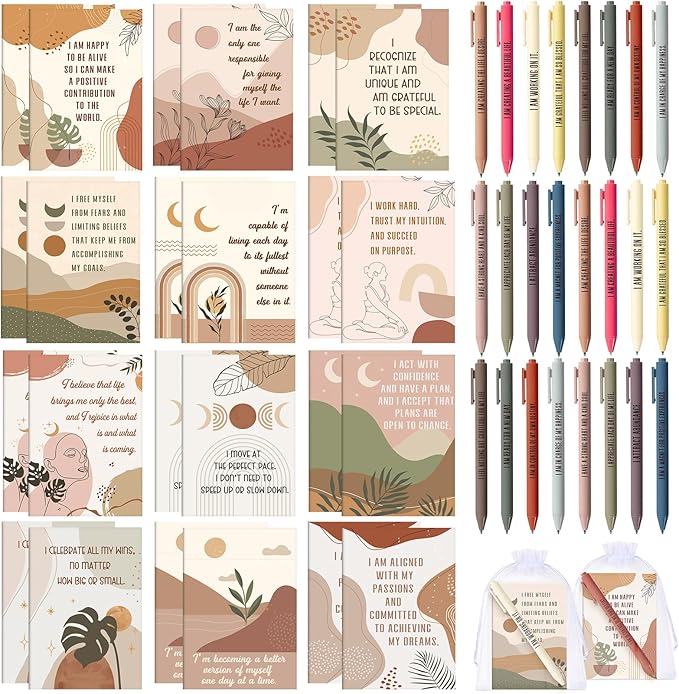 24 Set/48 Pcs Positive Affirmation Gift Set Gratitude Notebooks with Pens Small Bags Motivational Encouragement Notepads Daily Affirmations Journal for Women Stress Relief Self Care (Abstract)