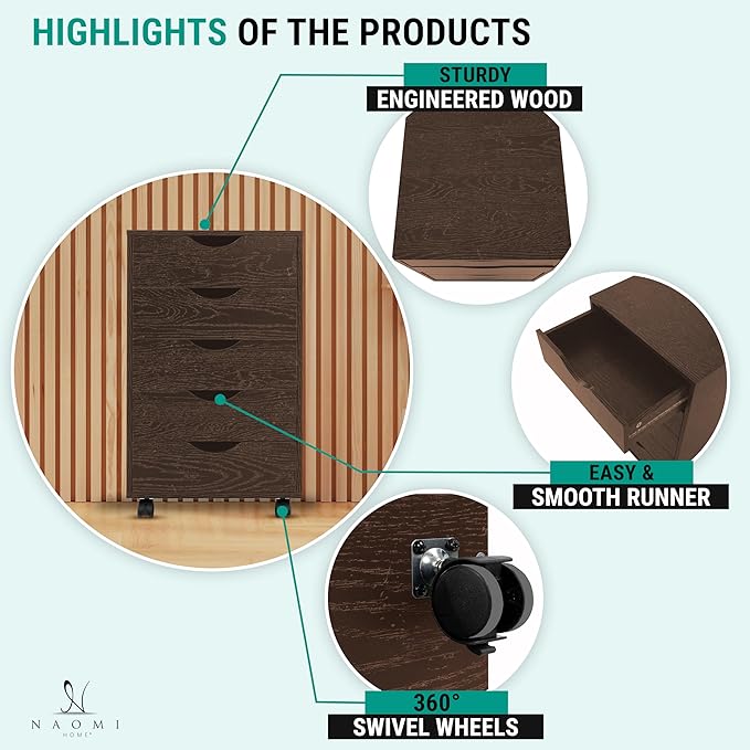 Naomi Home Wooden Office File Cabinets for Home Office, Lateral File Cabinet, Mobile Storage Cabinet Filing Storage Drawer Espresso/5 Drawer