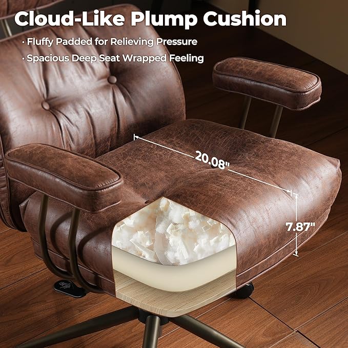 ovios Ergonomic Home Office Chair, Mid-Century Modern Faux Leather Chairs with Thickened Cushions, Comfy High Back Swivel Rolling Executive Computer Armchair (Dark Brown, Suede Leather)