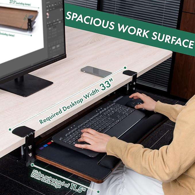 D'vine Dev Under Desk Keyboard Tray with Wrist Rest Bamboo Wood Keyboard Drawer with Full Size Mouse Pad, Walnut Color, KBT-2