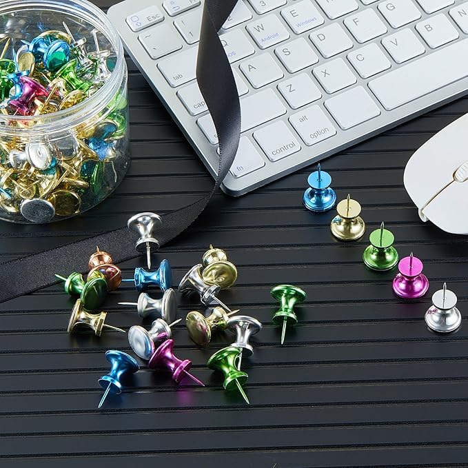 Outus 100 Pcs Giant Push Pins Large Thumb Tacks Plastic Heads 1 Inch Jumbo Push Pins for Cork Board Map Posters Office School(Purplish Red, Gold, Blue, Green, Silver)