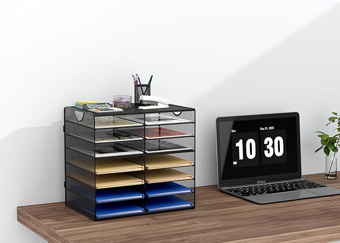 EasyPAG 14-Slot Mesh Desk File Organizer with Handle, Metal Frame Paper Tray for Classroom/Office/Home - Easy Assembly, Durable Tiered Sorter & A4/Letter Size, Black