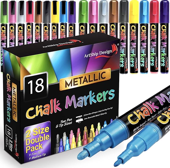 18 Metallic Chalk Markers - Double Pack of Both Fine and Reversible Medium Tip Liquid Chalk Pens - Wet Erasable - Menu Boards, Glass, Windows, White Boards, Classrooms, Mirrors, Plastic