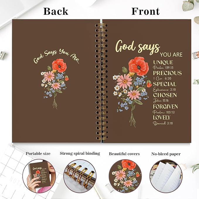 Bible Notebook, A5 Spiral Christian Journal with Floral Pink Butterfly Notebook, Bible Verse-God Says You Are, Inspirational Notebooks for Women, Bible Study, Gift for Birthday Christmas