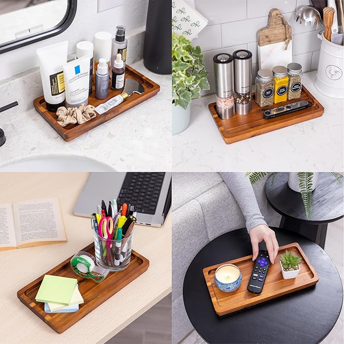 Demigo Acacia Wood Valet Tray & Catchall (11.9x6x1 inch) - Wooden Desk Organizer for Office Supplies, Keys, Wallet & Mail - Entryway & Nightstand Decor