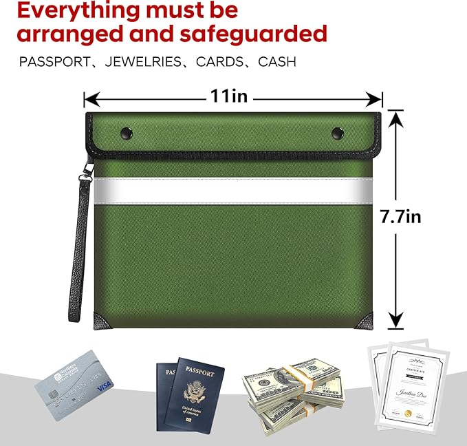 Upgraded Fireproof Document Bag 5200°F Heat Insulated,11"x7.7"Waterproof Fireproof Money Bag with Water-resistant Zipper,Fireproof Envelopes for Documents,Cash,Valuables(Green)