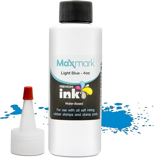 MaxMark Premium Refill Ink for self Inking Stamps and Stamp Pads, Light Blue Color - 4 oz.
