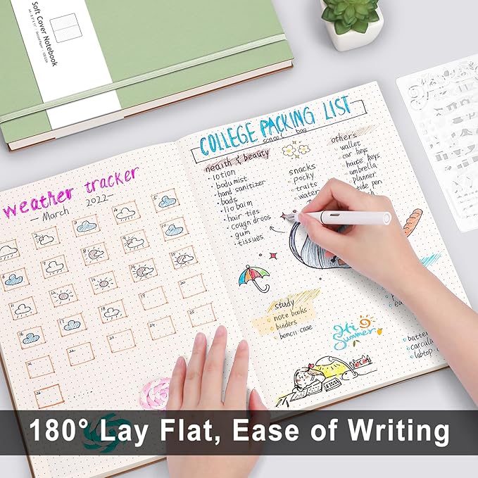 AHGXG Bullet Dotted Journal - Large A4 Notebook Dotted, 8.5''×11'', 320 Pages Dot Grid Notebook, 100gsm Thick Paper, Leather Softcover, with Journal Stencils, Inner Pocket - LightGreen