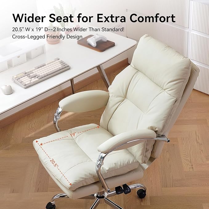 LEAGOO Office Chair with Foot Rest, Ergonomic Executive Office Chair with Arms, Reclining High Back PU Leather Comfy Swivel Computer Desk Chairs with Wheels and Lumbar Support for Home Office, Cream